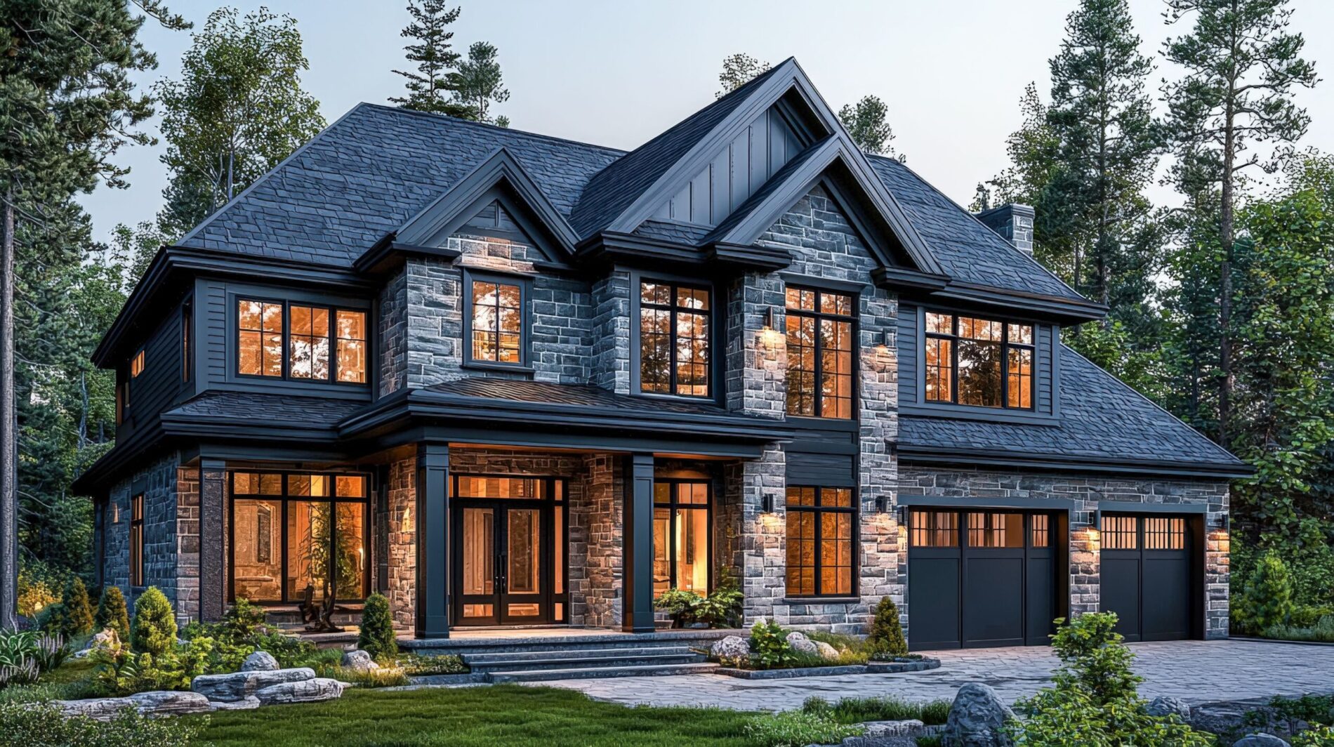 Residential property at dusk with warm lighting