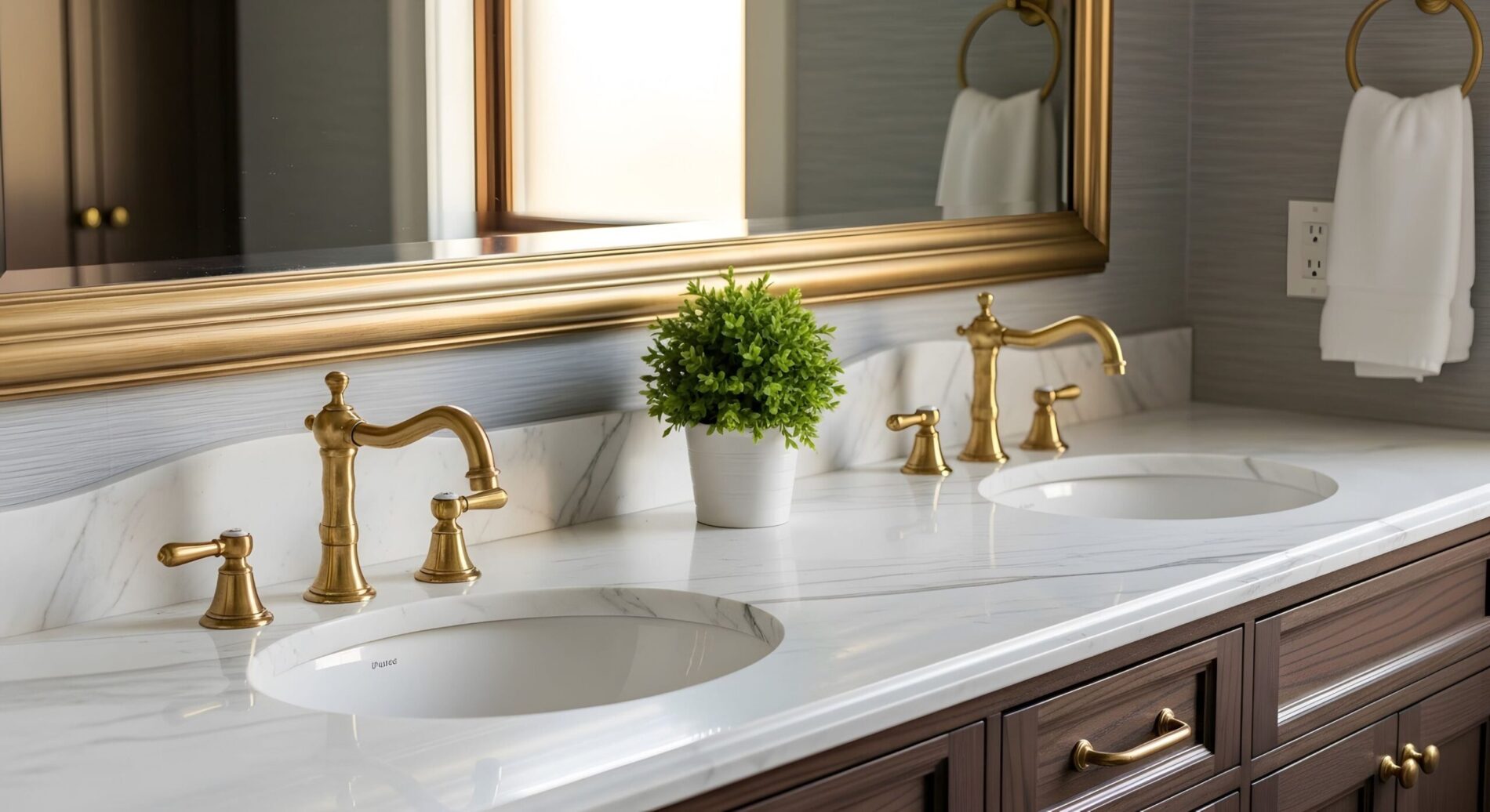 Restored bathroom interior with marble and brass detail